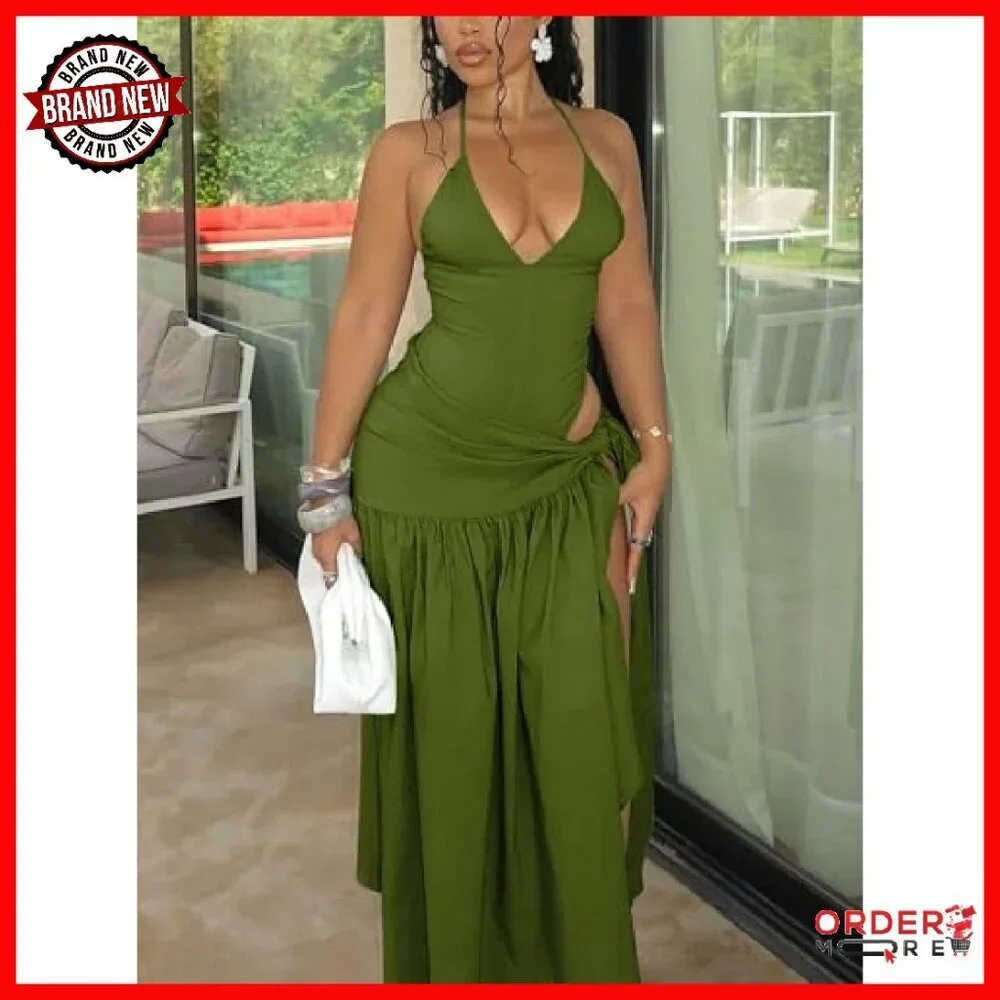 Sexy Halter Backless Bodysuit Wrap Maxi Skirt Two Piece Set - Picture 4 of 8